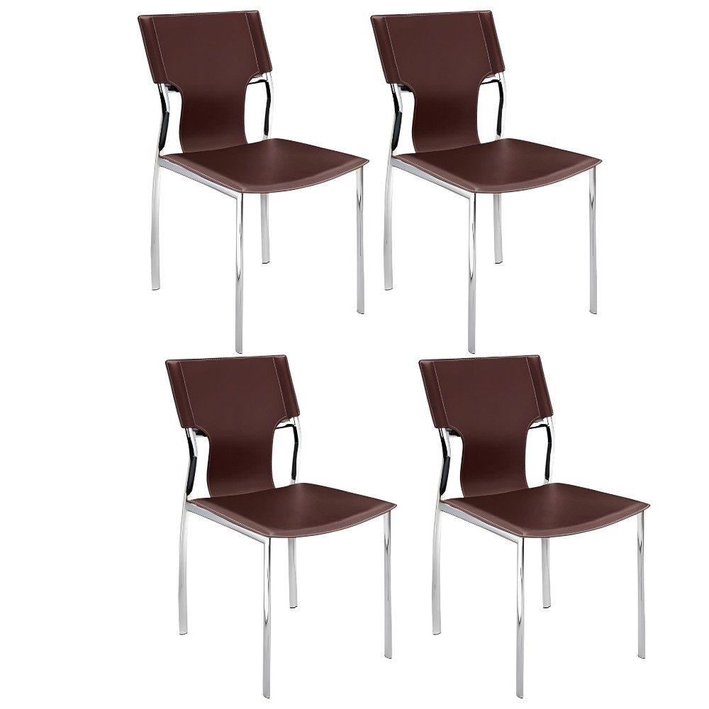 Set of Four Dark Brown and Silver Metal and Leather Dining Side Chairs