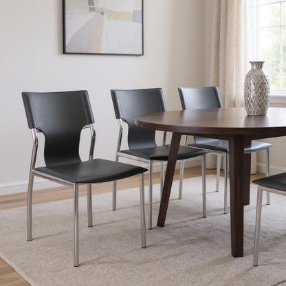 Set of Four Gray and Silver Metal and Leather Dining Side Chairs