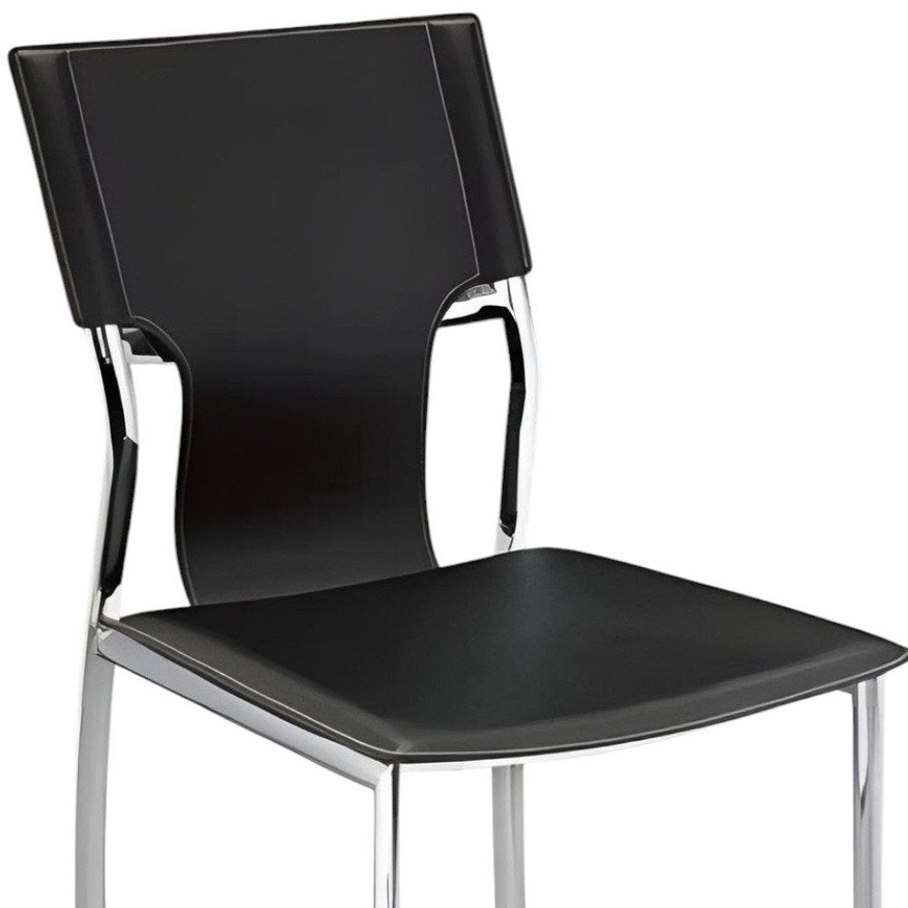 Set of Four Black and Silver Metal and Leather Partially Open Back Dining Side Chairs