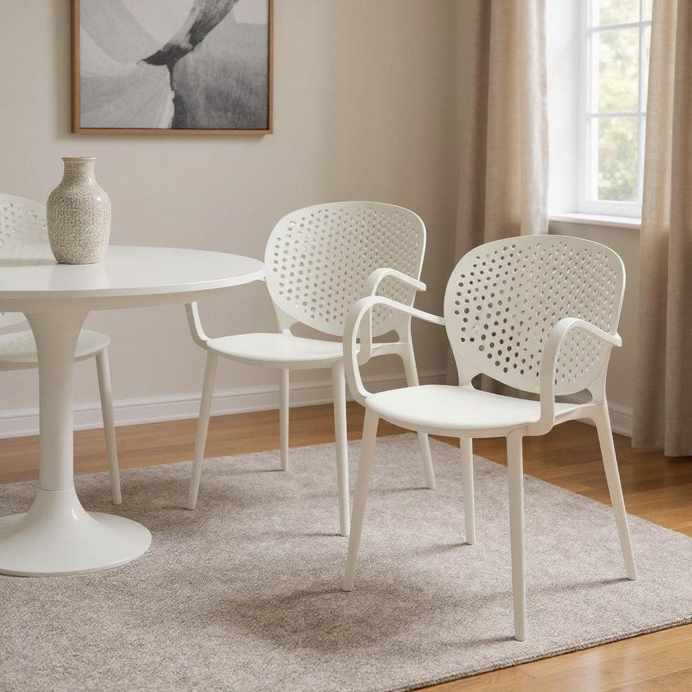 Set of Four White Heavy Duty Plastic Dining Arm Chairs