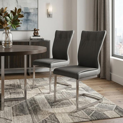 Set of Two Gray and Silver Faux Leather Dining Side Chairs
