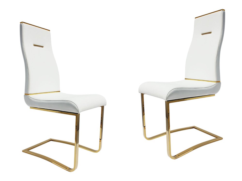 Set of Two White and Gold Faux Leather Dining Side Chairs