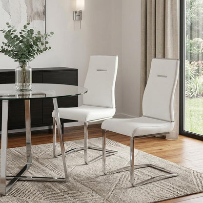 Set of Two White and Silver Faux Leather Dining Side Chairs