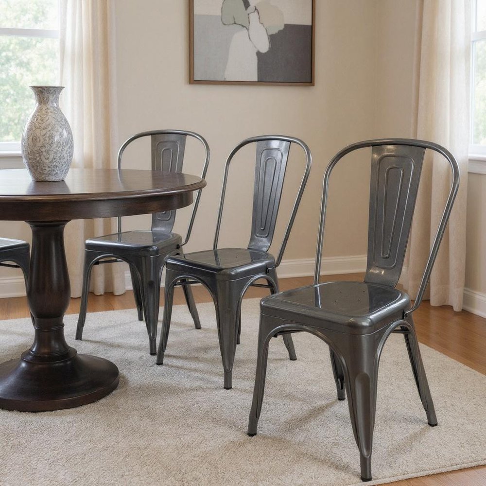 Set of Four Gray Metal Open Back Dining Side Chairs