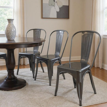 Set of Four Gray Metal Open Back Dining Side Chairs