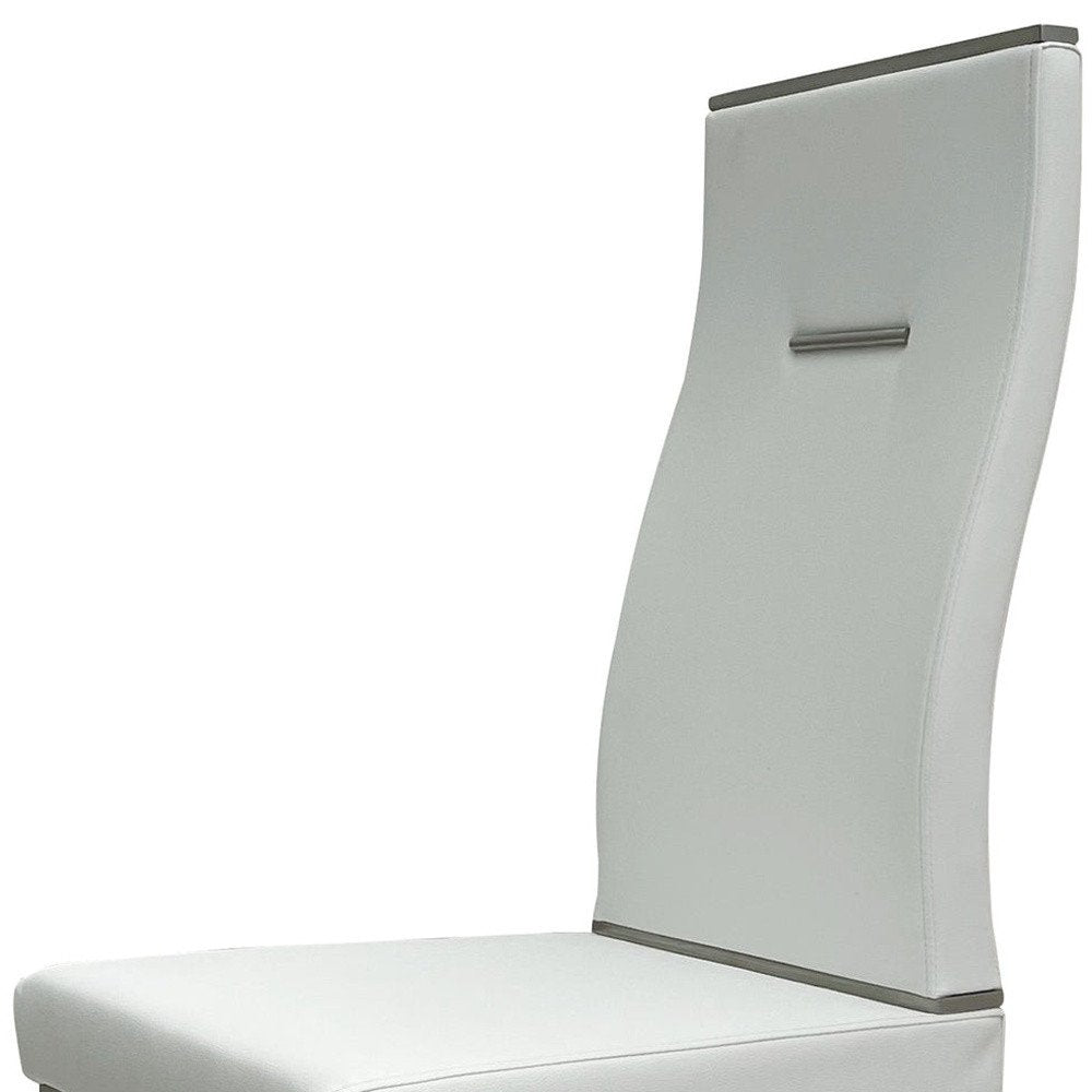 Set of Four White and Silver Upholstered Faux Leather Dining Side Chairs