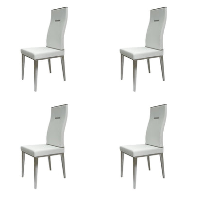 Set of Four White and Silver Upholstered Faux Leather Dining Side Chairs