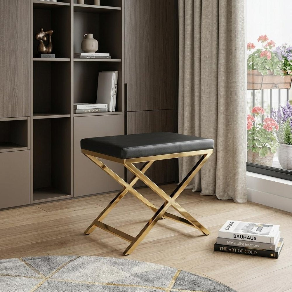 21" Charcoal and Gold Faux Leather Vanity Chair