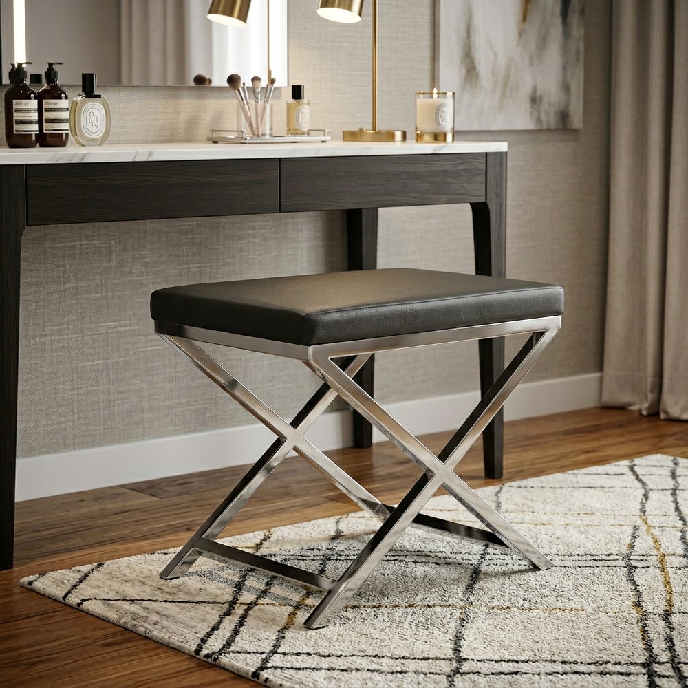 21" Charcoal and Silver Faux Leather Vanity Chair