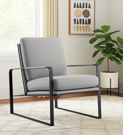 35" Light Gray and Black Velvet And Metal Lounge Chair