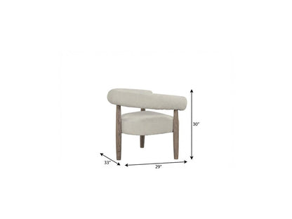 29" Cream and Light Brown Fabric And Wood Curved Arm Chair