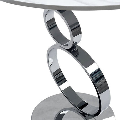 21" White And Silver Stone And Stainless Steel Round Pedestal End Table