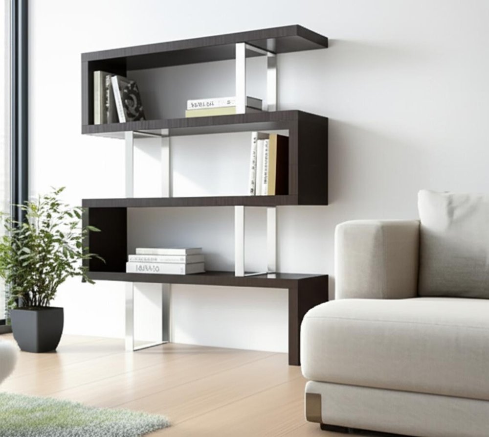 67" Black And Silver Metal and Wood Three Tier Etagere Bookcase