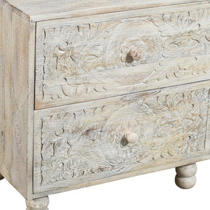 24" Natural And White Solid Wood Carved Scrollwork Two Drawer Nightstand