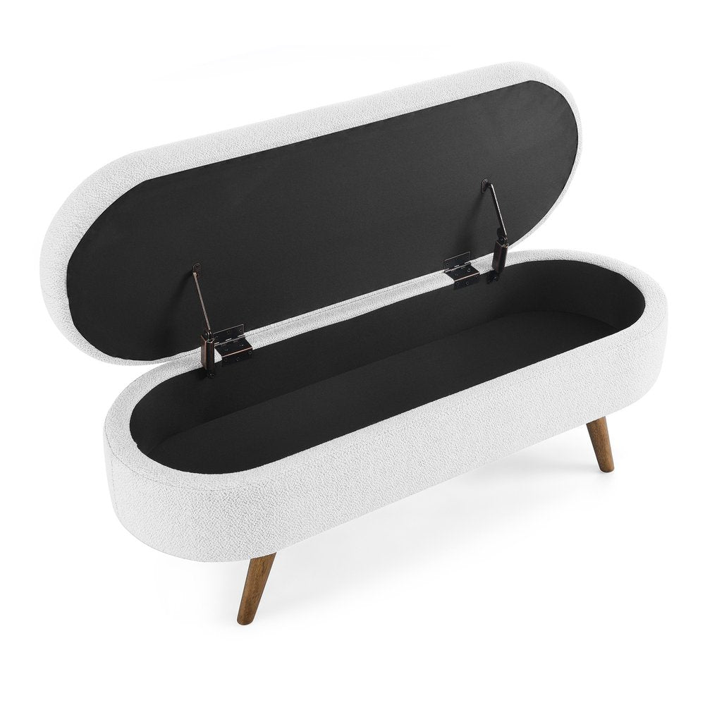 44" White and Brown Linen Upholstered Storage Bench with Flip Top