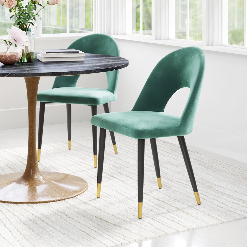 Set of Two Green Black and Gold Upholstered Velvet Open Back Dining Side Chairs