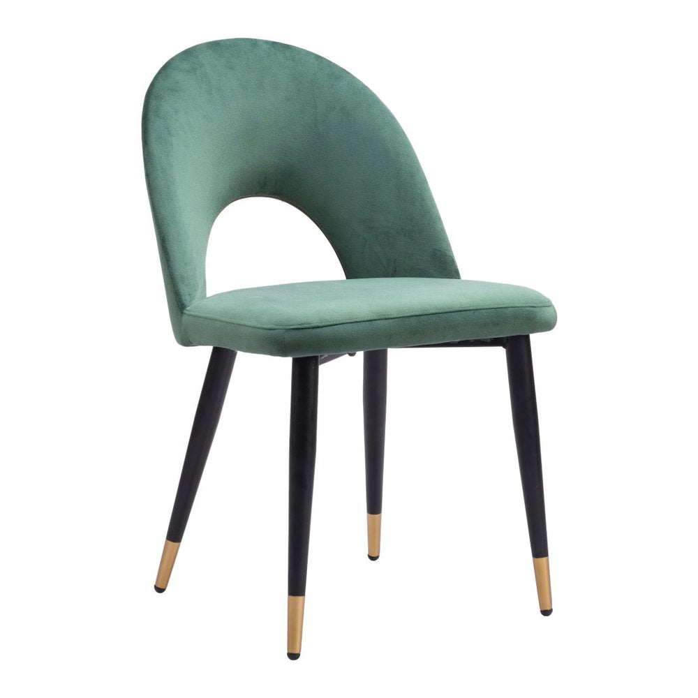 Set of Two Green Black and Gold Upholstered Velvet Open Back Dining Side Chairs