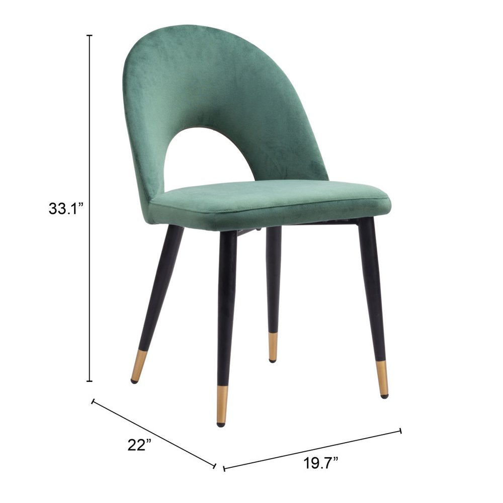 Set of Two Green Black and Gold Upholstered Velvet Open Back Dining Side Chairs