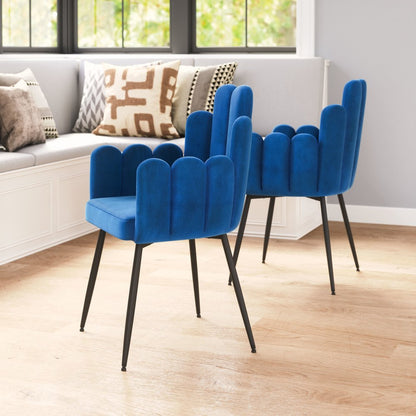 Set of Two Navy Blue and Black Velvet Slat Back Dining Arm Chairs