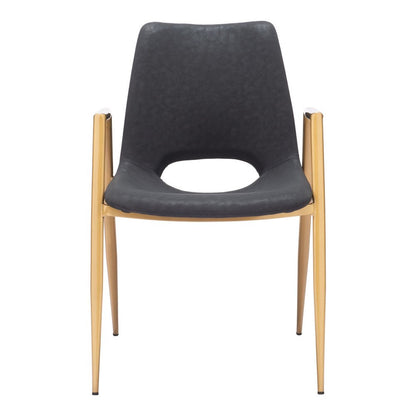 Set of Two Black and Gold Faux Leather Open Back Dining Arm Chairs