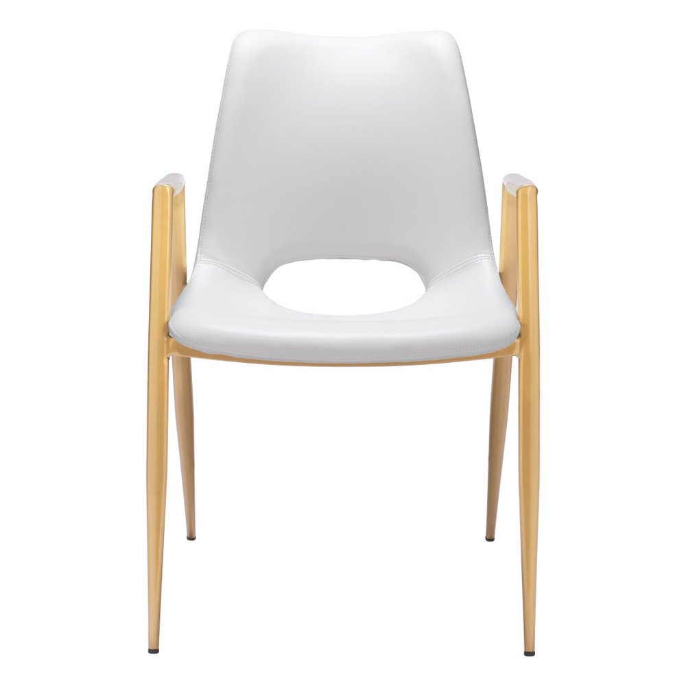 Set of Two White and Gold Faux Leather Open Back Dining Arm Chairs