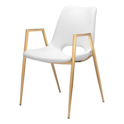 Set of Two White and Gold Faux Leather Open Back Dining Arm Chairs