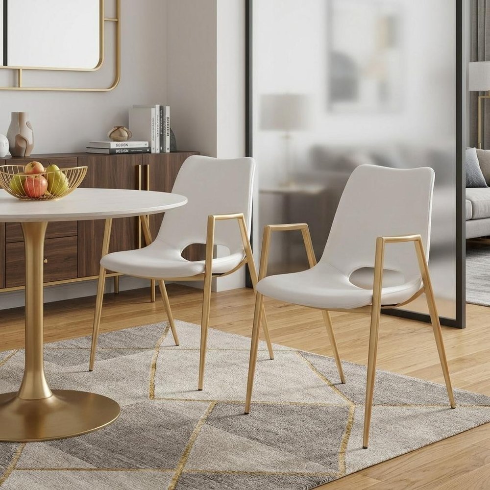 Set of Two White and Gold Faux Leather Open Back Dining Arm Chairs