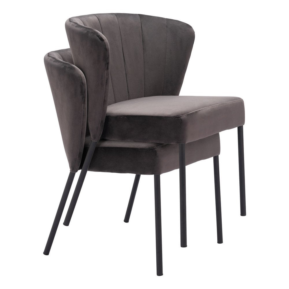 Set of Two Gray and Black Tufted Velvet Dining Side Chairs