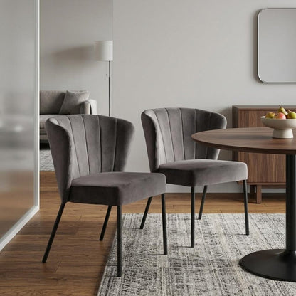 Set of Two Gray and Black Tufted Velvet Dining Side Chairs
