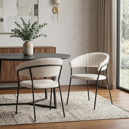 Set of Two Cream and Black Faux Fur Open Back Dining Arm Chairs