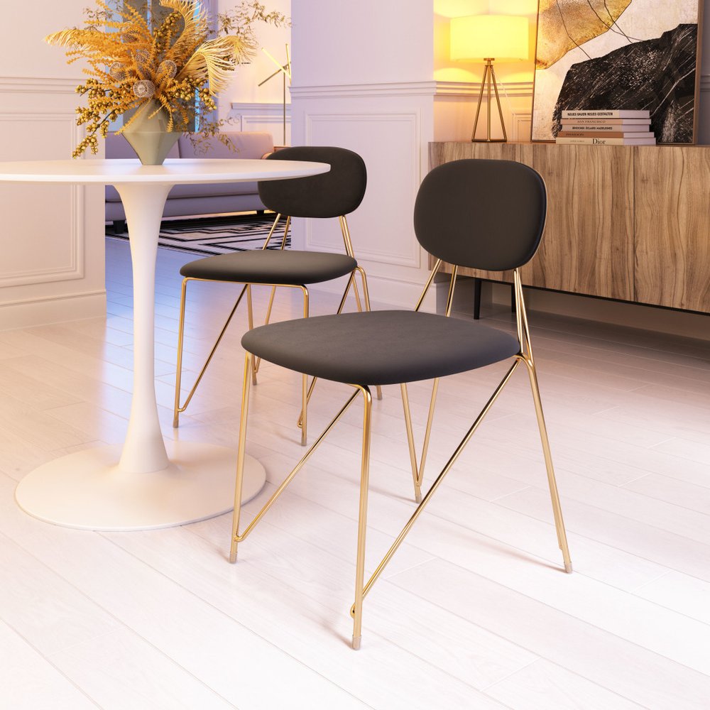 Set of Two Gray and Gold Velvet Open Back Dining Side Chairs