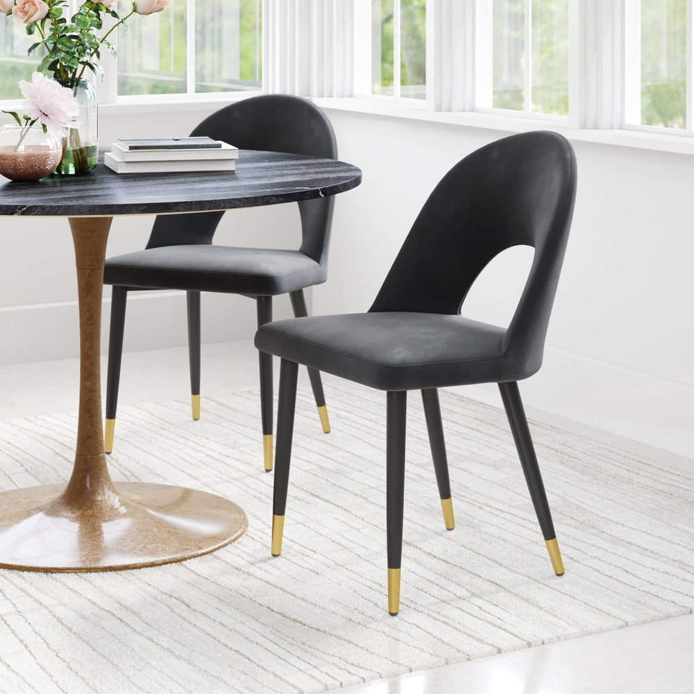 Set of Two Black and Gold Velvet Open Back Dining Side Chairs