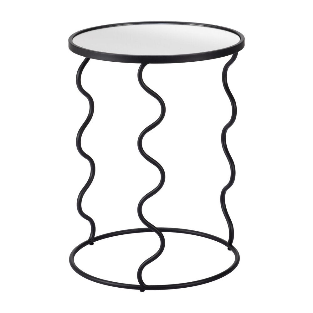 24" Black Mirrored Glass and Steel Round Abstract End Table