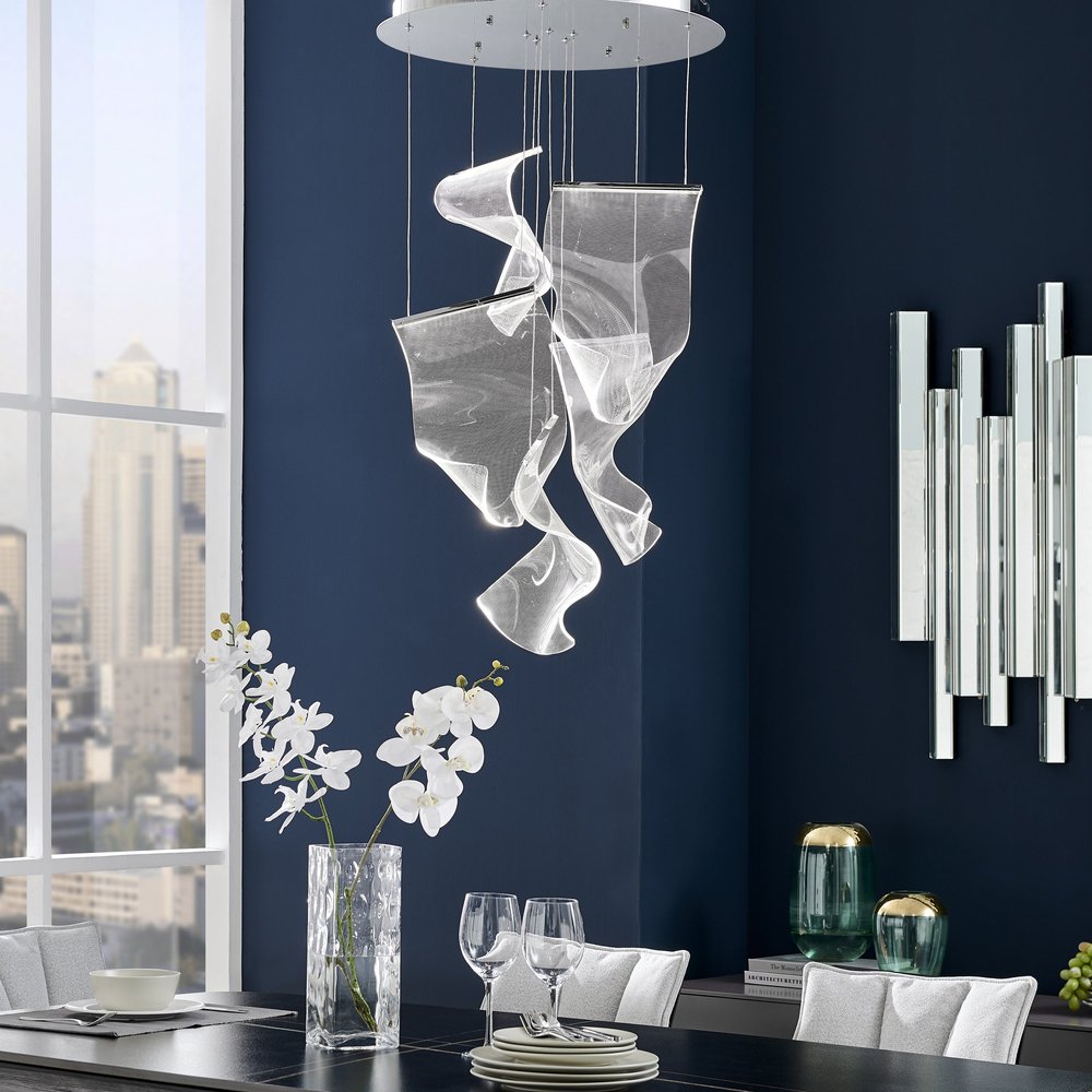 Silver And Clear Five Light Metal LED Dimmable Chandelier With Clear Shades