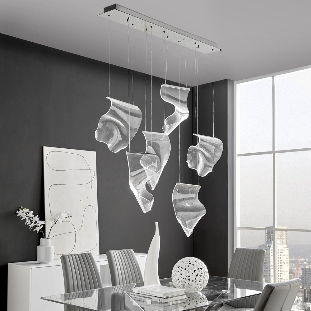 Silver And Clear Six Light Metal LED Dimmable Chandelier With Clear Shades