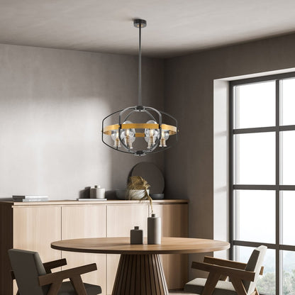 Black Gold And Clear Eight Light Transparent Metal Edison Bulb Dimmable Chandelier With Black And Gold Shades