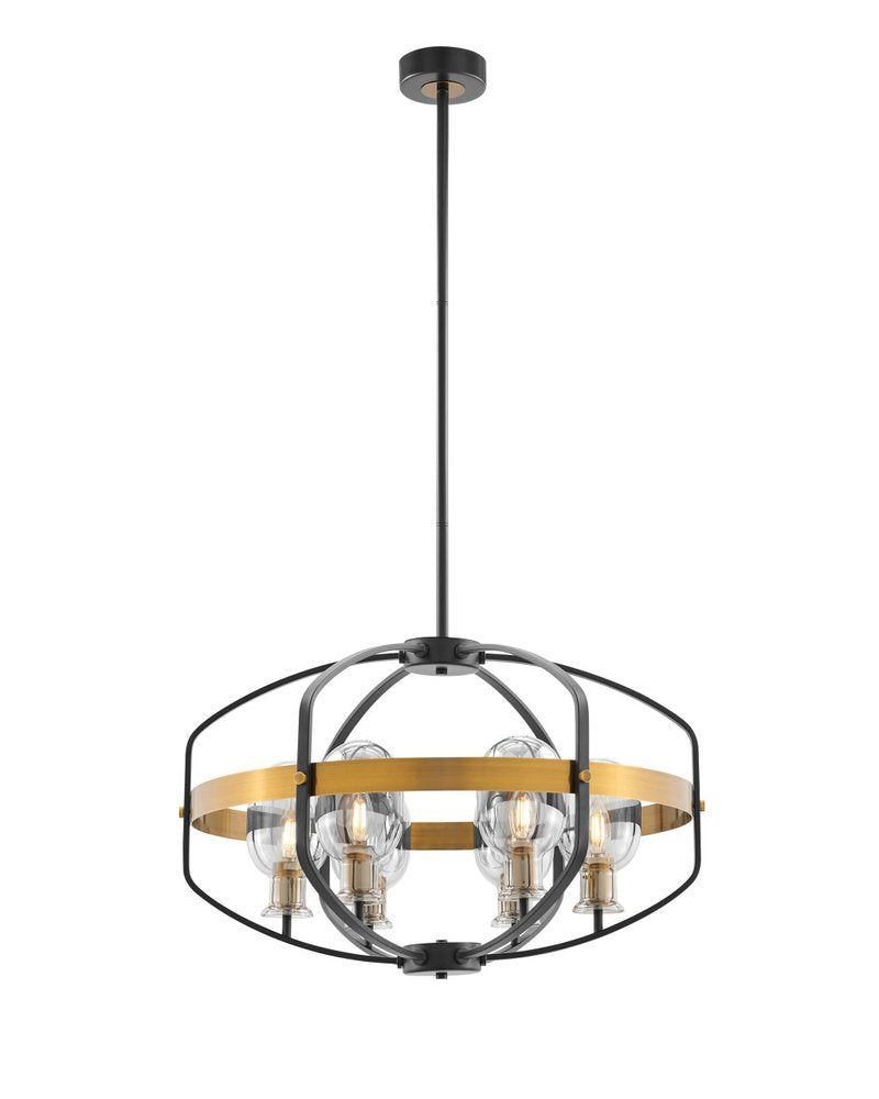 Black Gold And Clear Eight Light Transparent Metal Edison Bulb Dimmable Chandelier With Black And Gold Shades