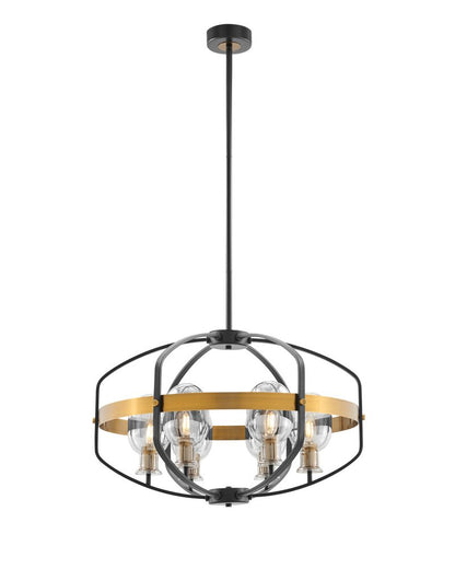 Black Gold And Clear Eight Light Transparent Metal Edison Bulb Dimmable Chandelier With Black And Gold Shades