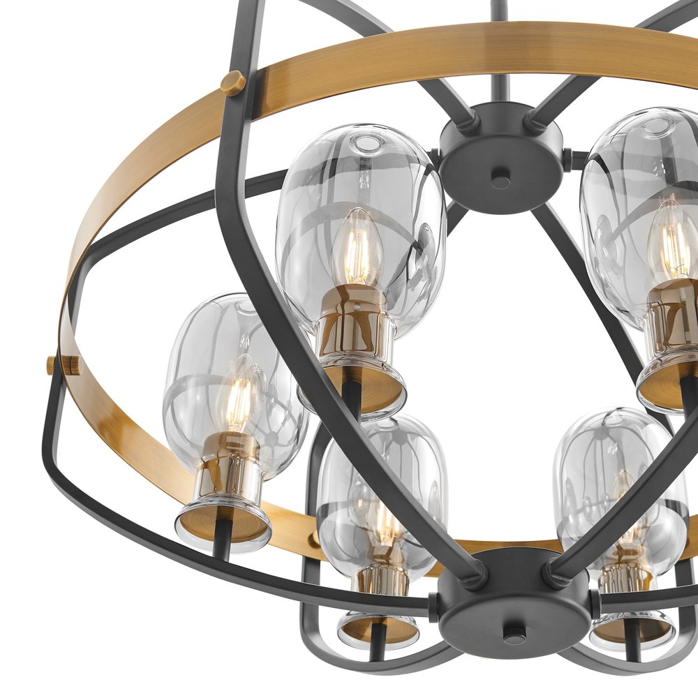 Black Gold And Clear Eight Light Transparent Metal Edison Bulb Dimmable Chandelier With Black And Gold Shades