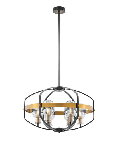 Black Gold And Clear Eight Light Transparent Metal Edison Bulb Dimmable Chandelier With Black And Gold Shades