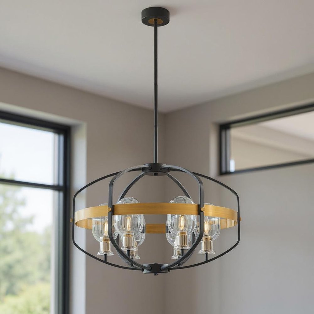 Black Gold And Clear Eight Light Transparent Metal Edison Bulb Dimmable Chandelier With Black And Gold Shades
