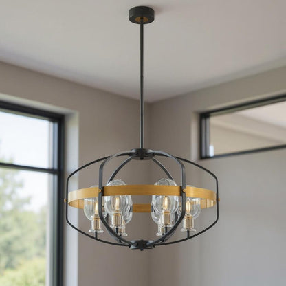 Black Gold And Clear Eight Light Transparent Metal Edison Bulb Dimmable Chandelier With Black And Gold Shades