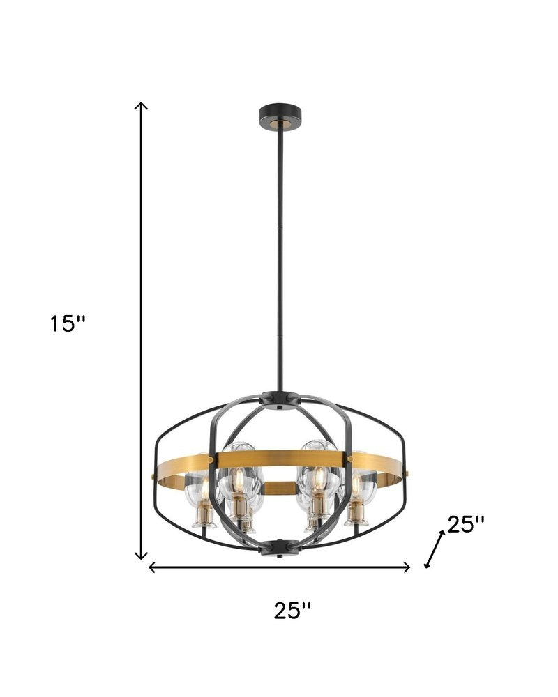 Black Gold And Clear Eight Light Transparent Metal Edison Bulb Dimmable Chandelier With Black And Gold Shades