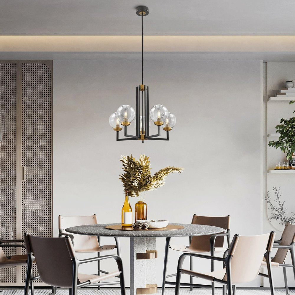 Black Gold And Clear Five Light Transparent Metal Edison Bulb Dimmable Chandelier With Black And Gold Shades
