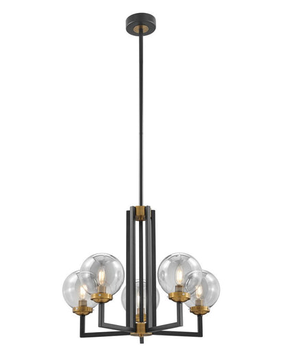 Black Gold And Clear Five Light Transparent Metal Edison Bulb Dimmable Chandelier With Black And Gold Shades