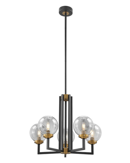 Black Gold And Clear Five Light Transparent Metal Edison Bulb Dimmable Chandelier With Black And Gold Shades