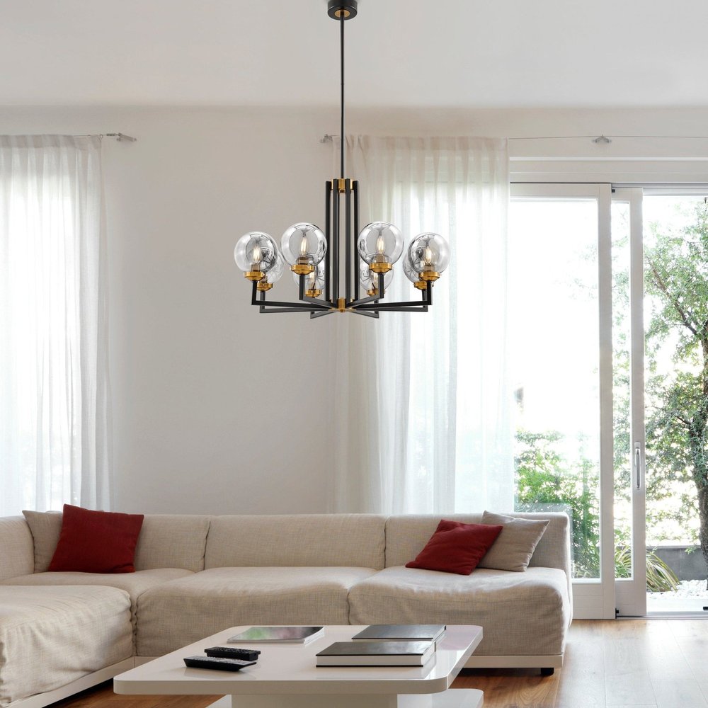 Black Gold And Clear Eight Light Transparent Metal Edison Bulb Dimmable Chandelier With Black And Gold Shades