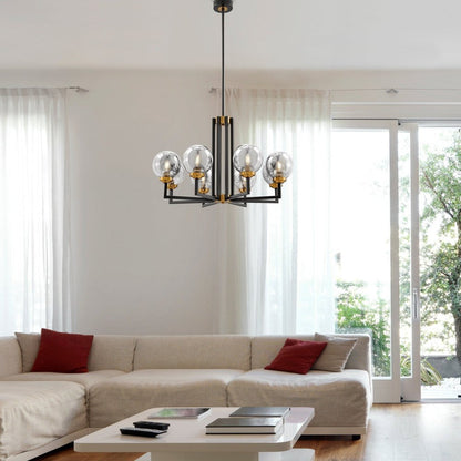 Black Gold And Clear Eight Light Transparent Metal Edison Bulb Dimmable Chandelier With Black And Gold Shades