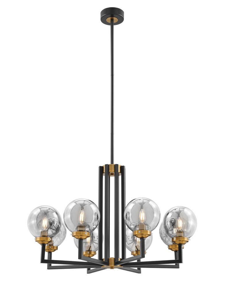 Black Gold And Clear Eight Light Transparent Metal Edison Bulb Dimmable Chandelier With Black And Gold Shades