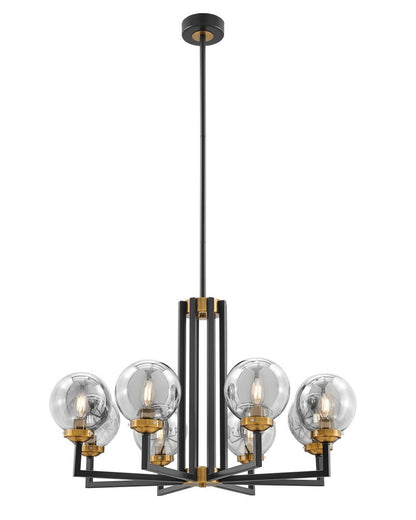 Black Gold And Clear Eight Light Transparent Metal Edison Bulb Dimmable Chandelier With Black And Gold Shades